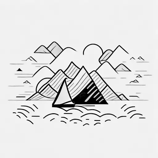 A Minimalist Tattoo Of A Mountain Peak With A Sailboat Sailing On A Calm Lake