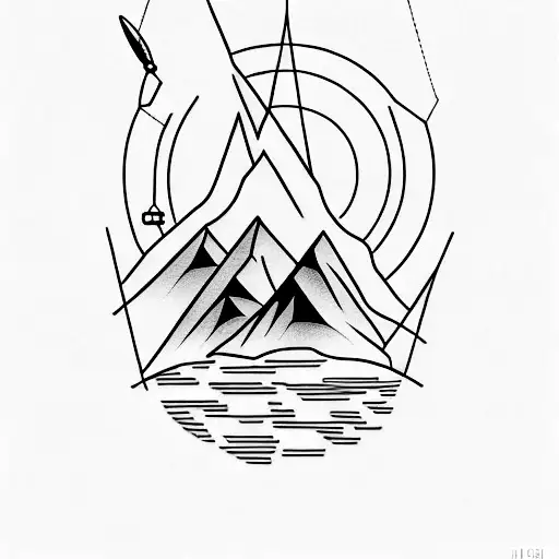 A Minimalist Tattoo Featuring A Sleek Helicopter Hovering Above A Mountain Range