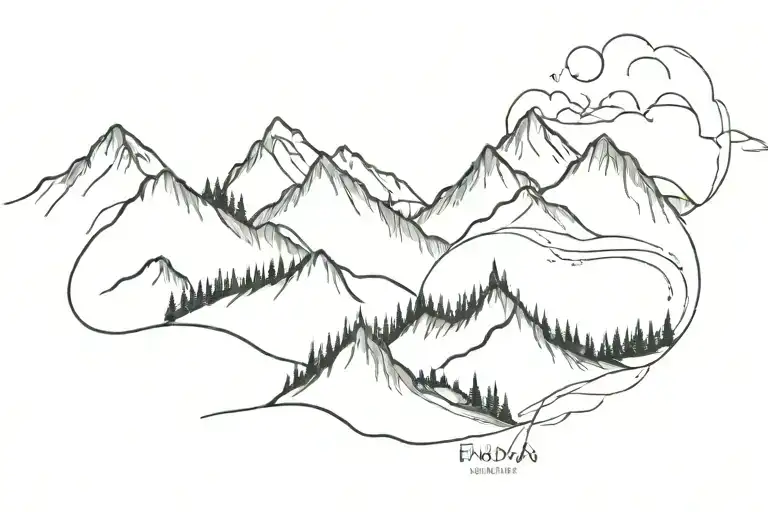 Mountain Range With A Family Hiking Trail Winding