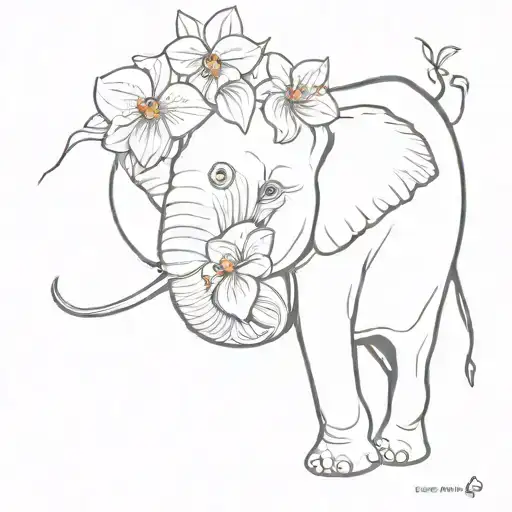 Outline Of An Elephant Surrounded By Orchids