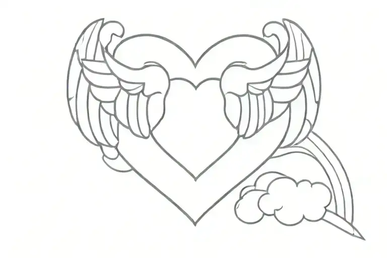 A Minimalist Trabial Pattern Tattoo Of Heart With Wings Slightly Cover With Clouds