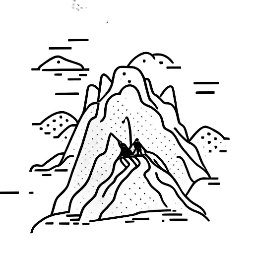 Minimalist Tattoo Of A Group Of Hikers Ascending A Mountain Led By A Tiny Cat