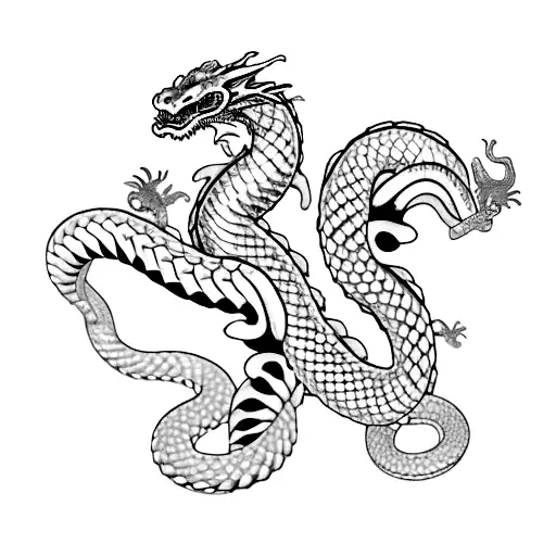 Japanese Dragon Along Spine With Two Snakes Crawling Up On It One Cobra And One Python