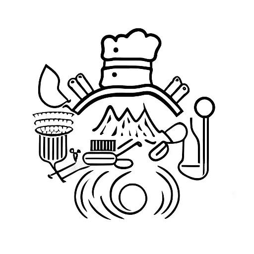 A Minimalist Tattoo Of A Chef's Hat Surrounded By Camping Gear And A Campfire