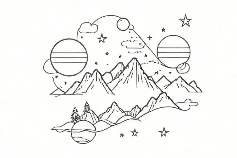 Mountains With Planets And Stars Above And An Ocean Below