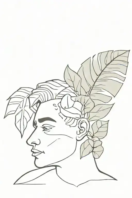 A Roman Bust Wich Is Halfway Broken And Some Monstera Leaves Growing Out Of The Broken Head