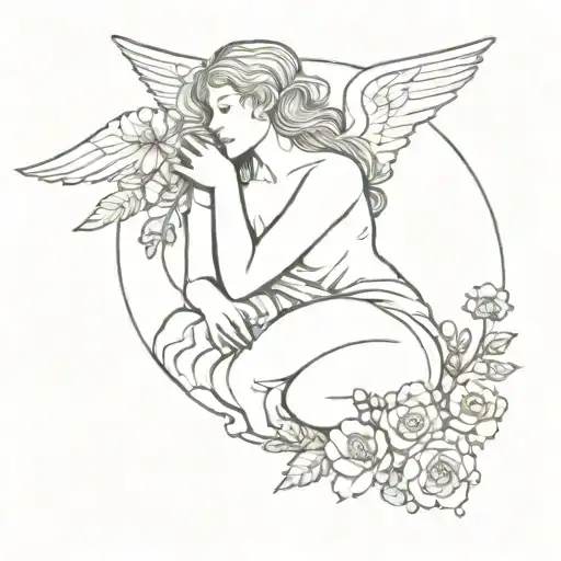 An Angel Laying On A Cloud With Flowers Growing
