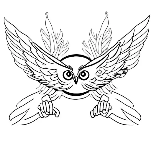 Spread-winged-owl Above An Angel Holding A Rope-leashed Long-hair-black-cat