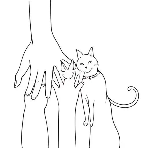 A Mother's Hand Holding Her Two Daughter's Hand And A Cat