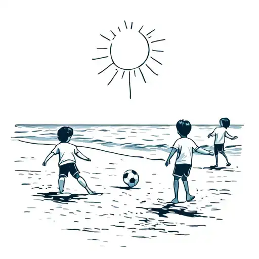 Kids Playing Fotball On The Beach And Sun Shining Brightly