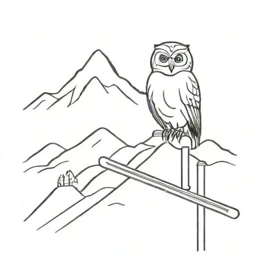 A Tattoo Featuring An Owl Perched On A Ski Pole With A Backdrop Of Snow-covered Mountains