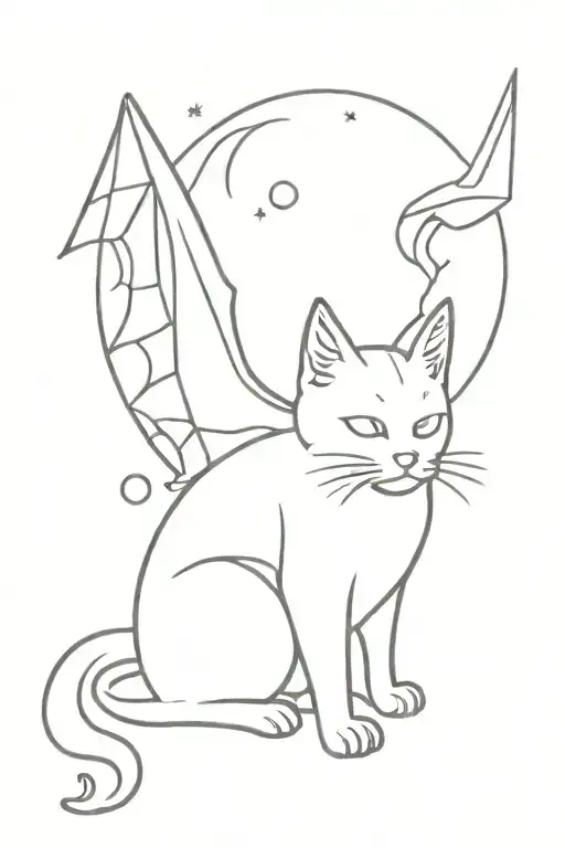 Cat With Bat Wings With The Moon