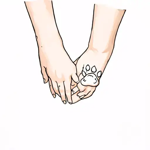 A Mother's Hand Holding Her Two Daughter's Hand And A Cat Paw