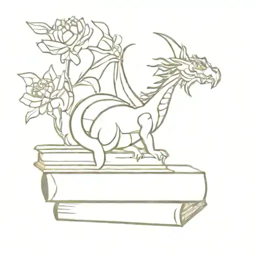 A Minimalist Tattoo Of A Dragon Perched On Top Of A Stack Of Books With Flowers