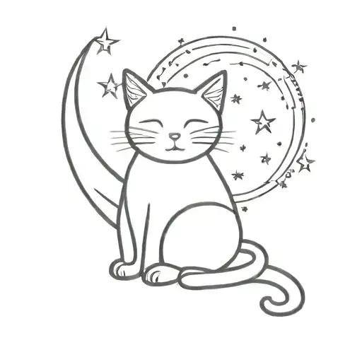 A Minimalist Tattoo Of A Cat Sitting Under A Crescent Moon Surrounded By Stars