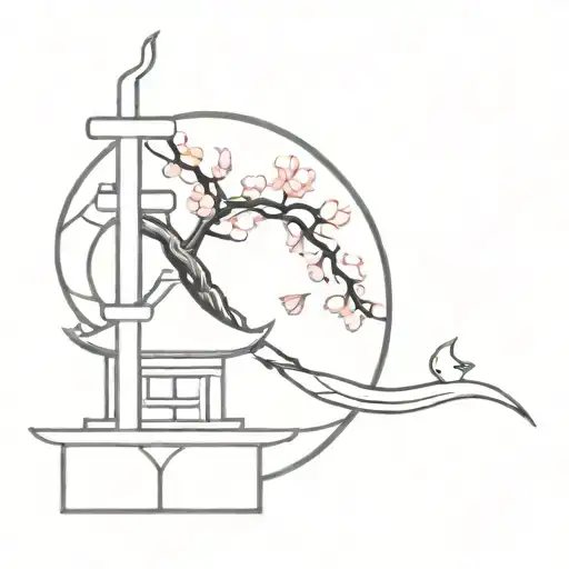 Cherry Blossom And Temple And Koi Fish Yin Yang