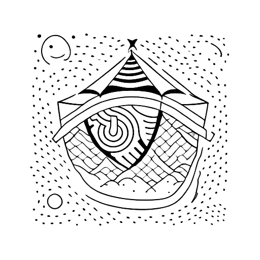 A Blackwork Tattoo Of A Tent Under A Starry Night Sky With The Word 'Adventure'