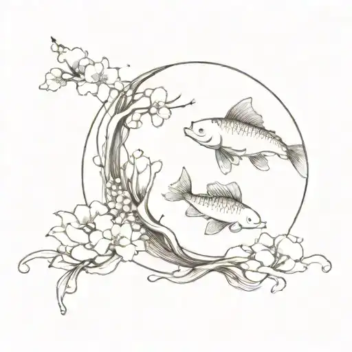 Sakura And Temple And Koi Fish Swimming Gracefully