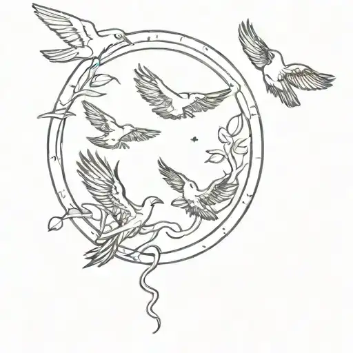 A Dreamy Scene Of Hummingbirds And Bald Eagles Flying Around A Heart-shaped Moon