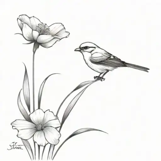 Shrike Bird Flying Away With Violet Flower