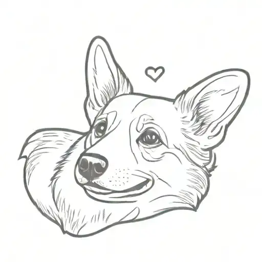 A Line Work Tattoo Of A Corgi Head Looking Up At A Small Heart