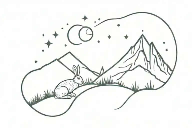 Bunny Looking Up At A Mountain Landscape With Filled Night Sky And The Moon