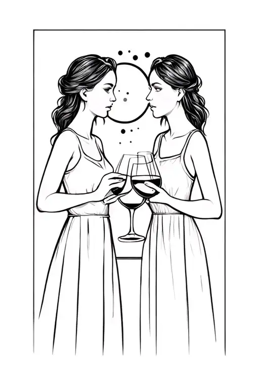 Two Girls Drinking Wine Under The Moon Phases