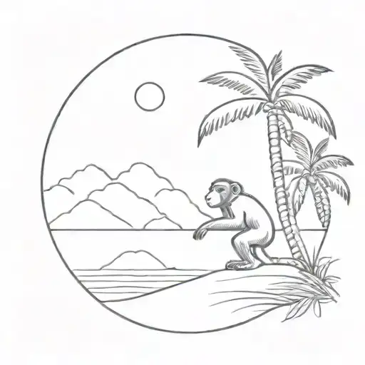 A Sketch Style Tattoo Of A Sun Shining Down On A Monkey On The Beach With Palm Trees
