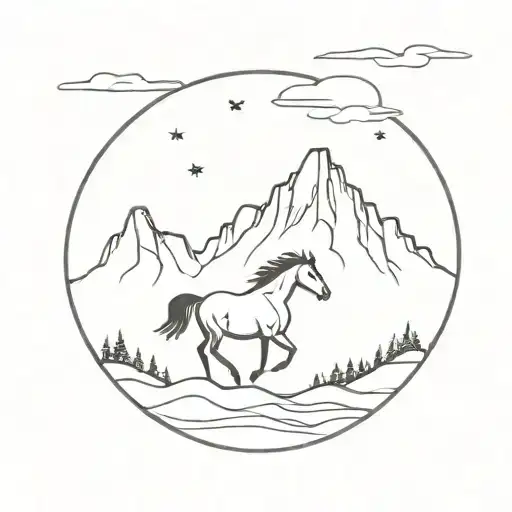 I Want Country Type Tattoo That's Linework That Has A Mustang In It With A Mountain Landscape