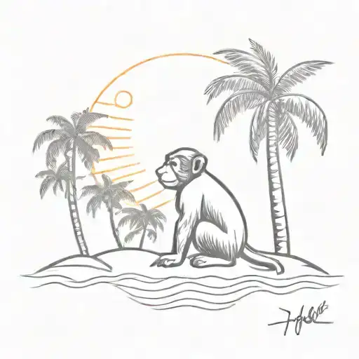 A Sketch Style Tattoo Of A Sun Shining Down On A Monkey On The Beach With Palm Trees