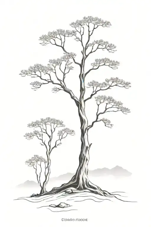 2 Black And White Dreamy Cypress Tree Growing With A Couple Branches And Misty