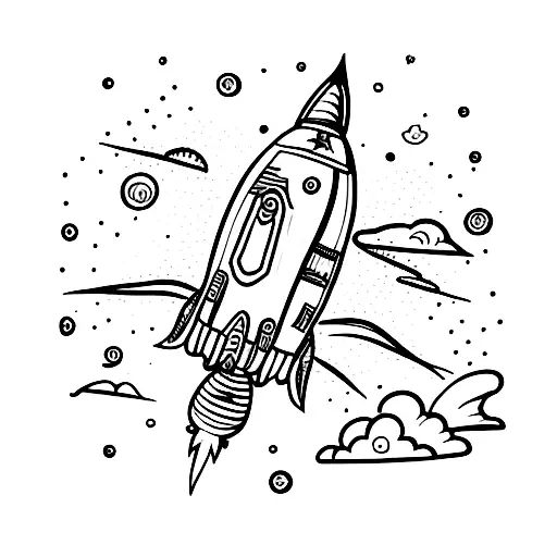 A Sketch-style Tattoo Of A Rocket Ship Blasting Off Into Space