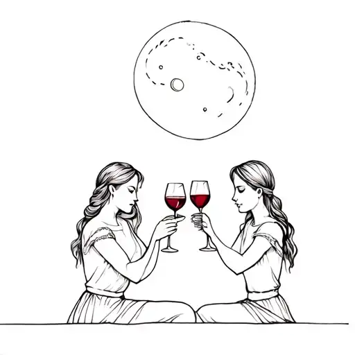 Two Girls Drinking Wine Under The Moon Fine Line