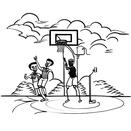 A Sketch Of A Father And His Children Playing Basketball Together