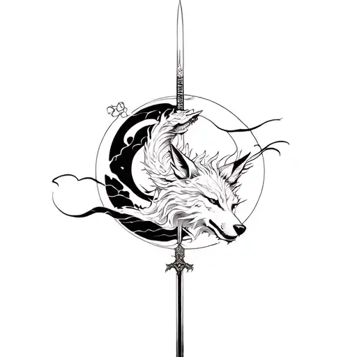 Katana Surrounded By A Wolf And Dragon And Moon