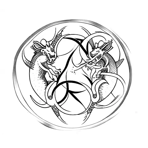 A Dragon And A Rat Zodiac Sign Entwined In A Yin-yang Symbol With A Tree Of Life