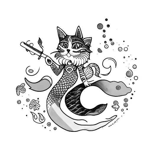 A Creative Tattoo Design Featuring A Paint Palette And A Cat With A Mermaid Tail