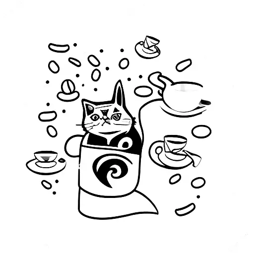 A Minimalist Tattoo Of A Cat Holding A Coffee Cup With Money Falling Out