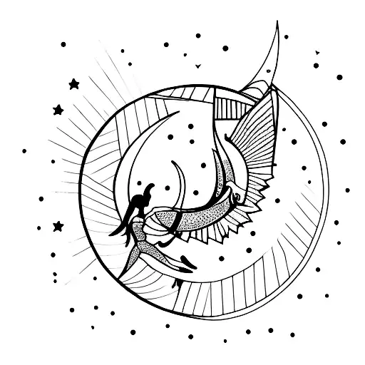 A Minimalist Tattoo Of A Dancer Surrounded By Stars And A Crescent Moon