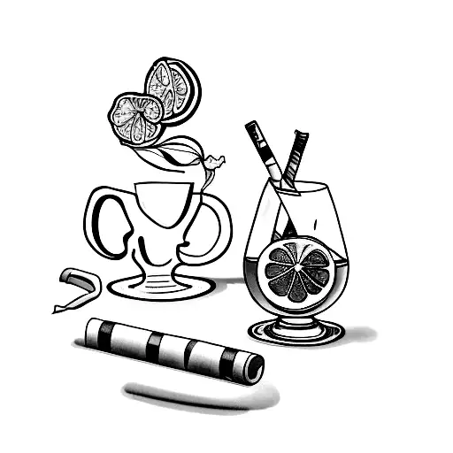 A Minimalist Tattoo Of A Cigarette And A Lemon With A Book And A Glass Of Red Wine In The Background