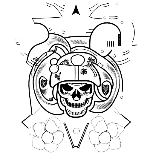 A Minimalist Tattoo Of A Military Engineer's Helmet Adorned With Flowers