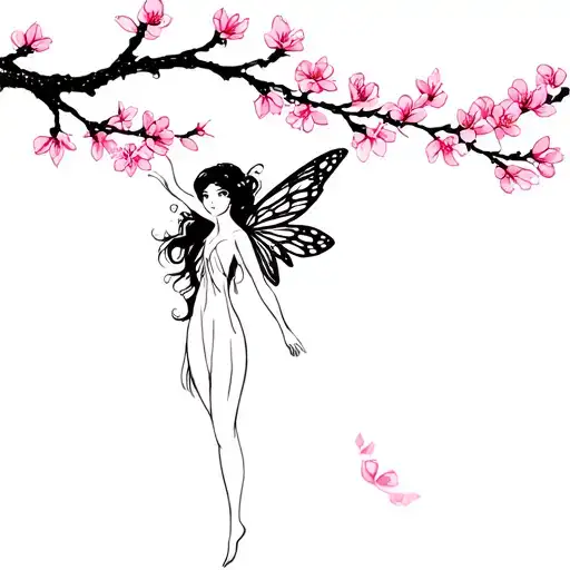 Fairy On Sakura Tree Flower Branch