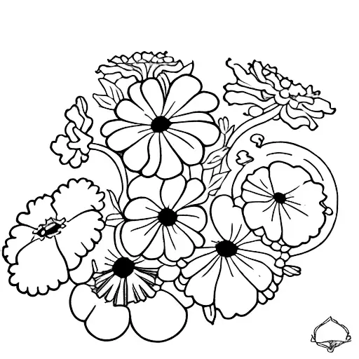 Small Line Drawing Of Bunch Marigold Flower And Cosmo Flower And Violets And Primrose