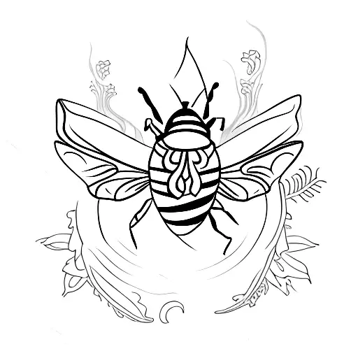 A Bee With A Leaf On One Side And A Flame On The Other