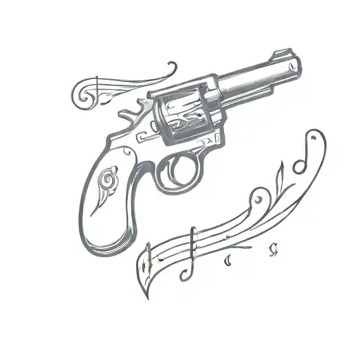 A Minimalist Tattoo Of A Smoking Gun With Music Symbols Incorporated Into The Design