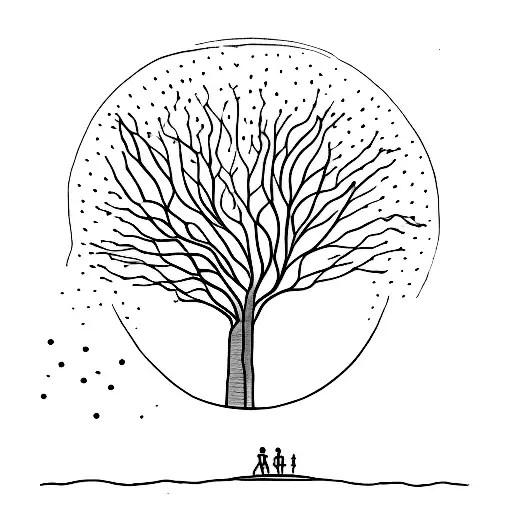 A Minimalist Tattoo Of A Yoshua Tree With A Silhouette Of A Family Sitting Under It