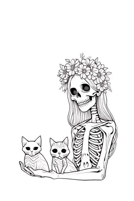 A Female Skeleton Wearing Flower Crown With Two Cats In Her Hands