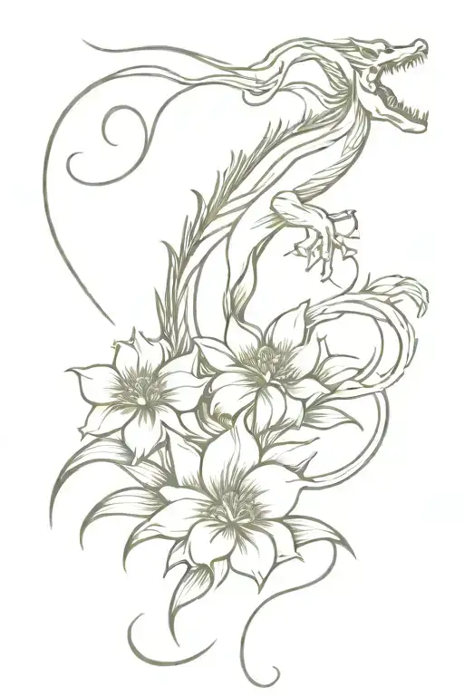 Dainty Minimalist Dragon And Flowers