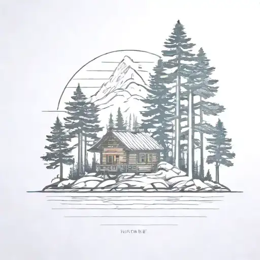 Island On Lake With Pine Trees And Small Cabin Nestled No Mountains