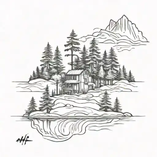 Island On Lake With Pine Trees And Small Cabin Nestled No Mountains